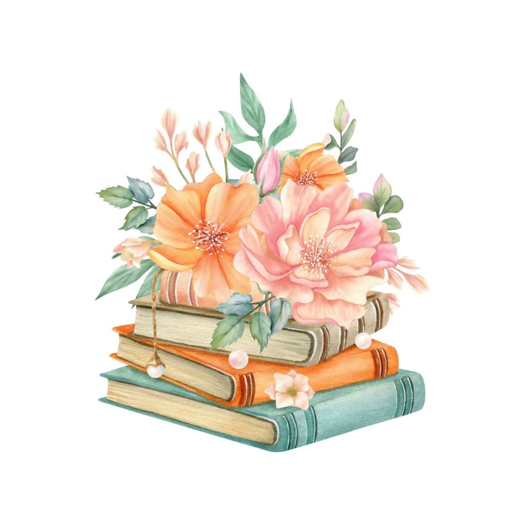 Flowers on stack of books. Cozy spring summer floral composition with peony, freesia, leaves, pearl and vintage literature. Watercolor hand drawn isolated illustration. Blooming still life art