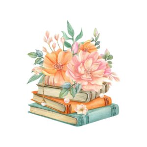 Flowers on stack of books. Cozy spring summer floral composition with peony, freesia, leaves, pearl and vintage literature. Watercolor hand drawn isolated illustration. Blooming still life art