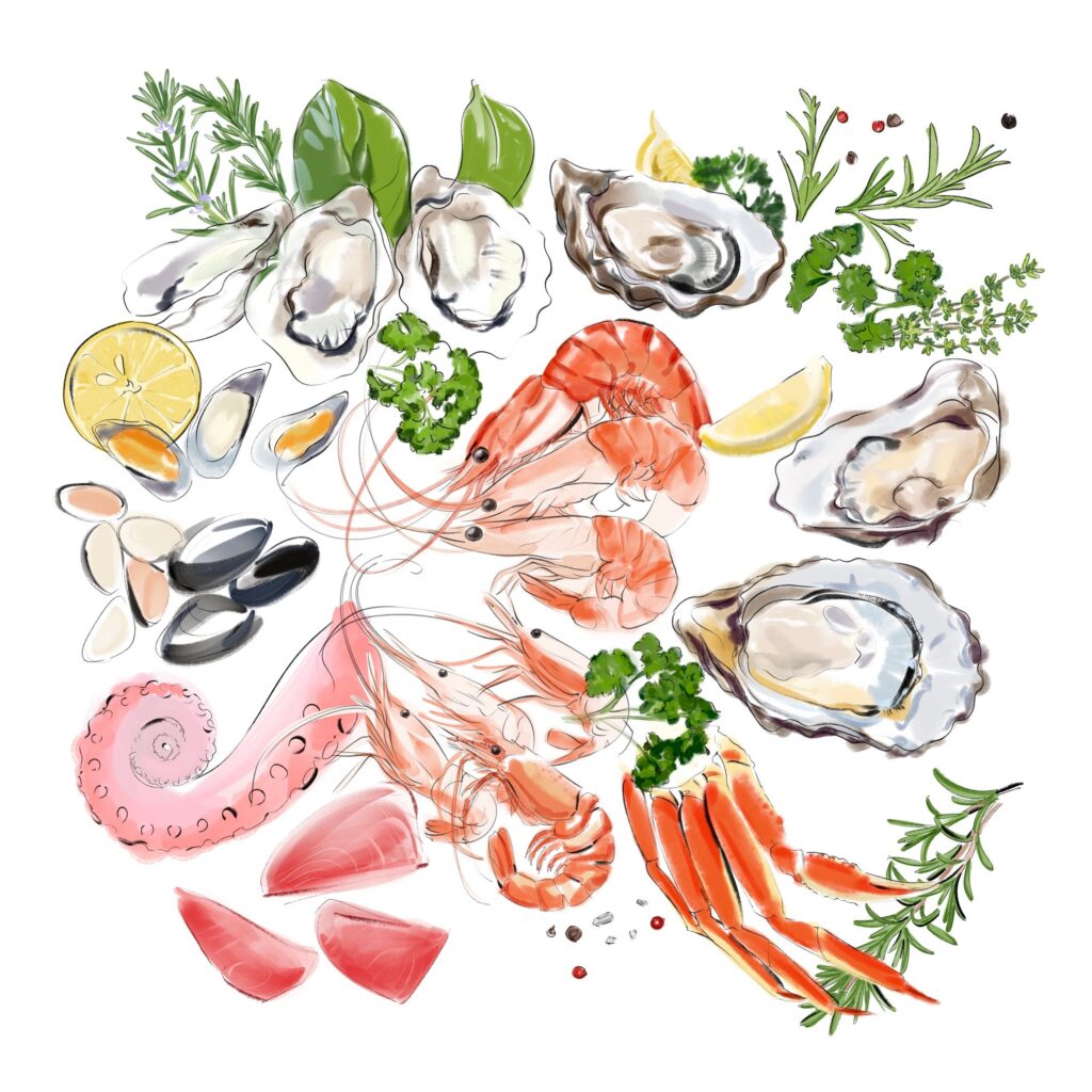 Fresh Seafood Platter Watercolor Illustration