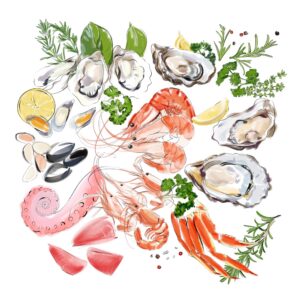 Fresh Seafood Platter Watercolor Illustration